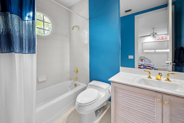 full bathroom with vanity, tile patterned flooring, toilet, and shower / bathtub combination with curtain