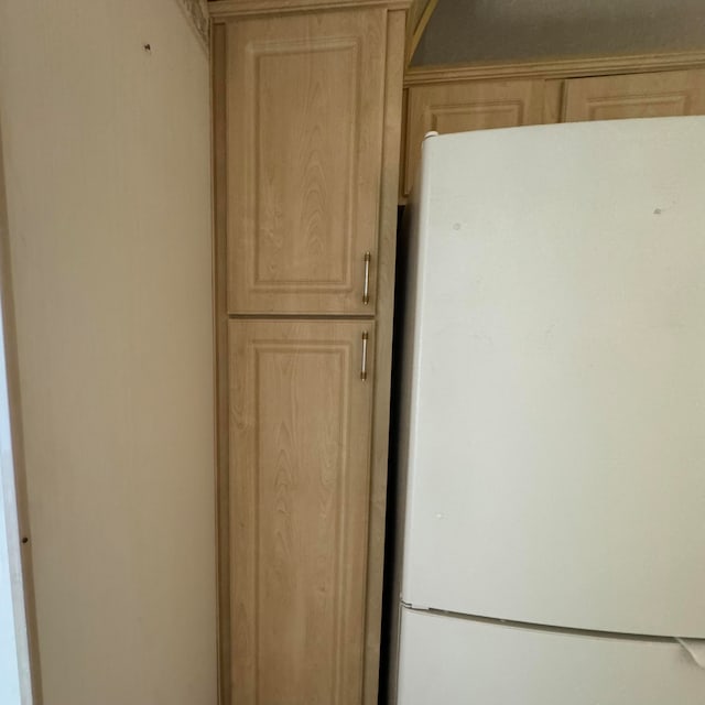 interior details featuring light brown cabinets and white fridge