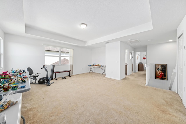 interior space with a raised ceiling, light carpet, and a textured ceiling