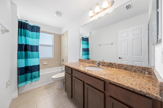 full bathroom with vanity, shower / bath combo, tile patterned floors, and toilet