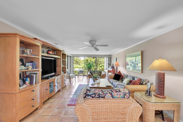 living room featuring ceiling fan, ornamental molding, and light tile patterned floors