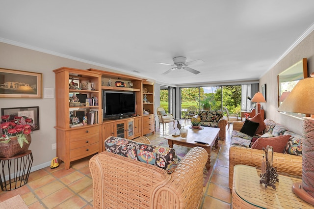 tiled living room featuring ornamental molding and ceiling fan