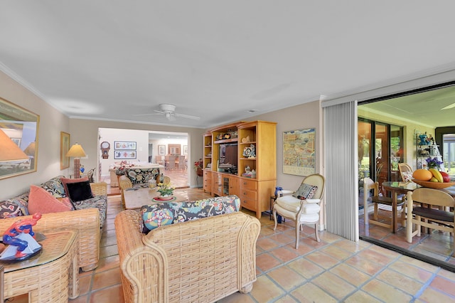 living room with ceiling fan, ornamental molding, and light tile patterned floors