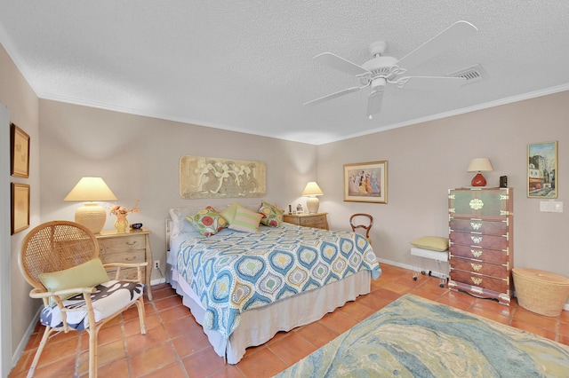 bedroom with crown molding, a textured ceiling, and ceiling fan