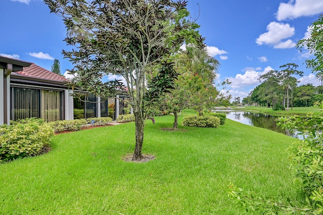 view of yard with a water view