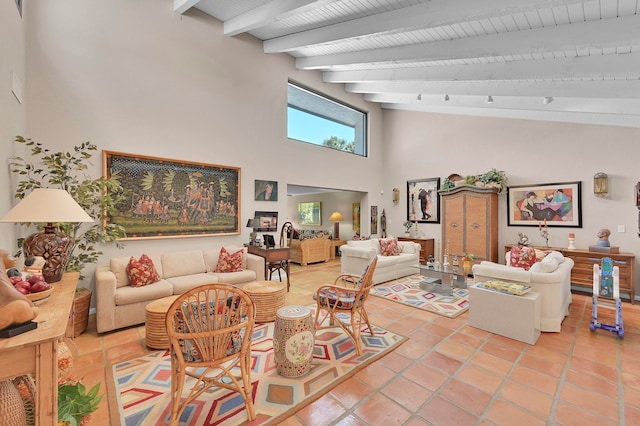 living room featuring high vaulted ceiling, beamed ceiling, and tile patterned floors