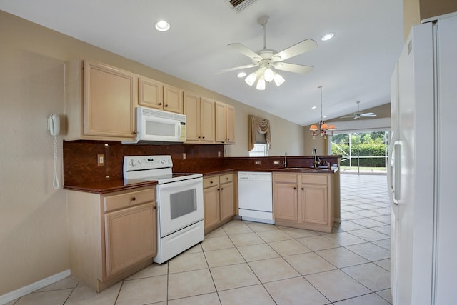 kitchen featuring kitchen peninsula, backsplash, white appliances, vaulted ceiling, and sink