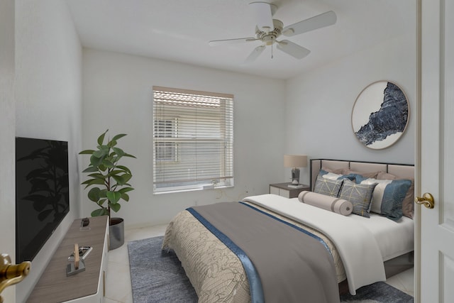 tiled bedroom with ceiling fan