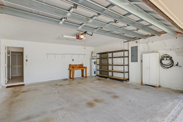 garage featuring electric panel, a garage door opener, and water heater