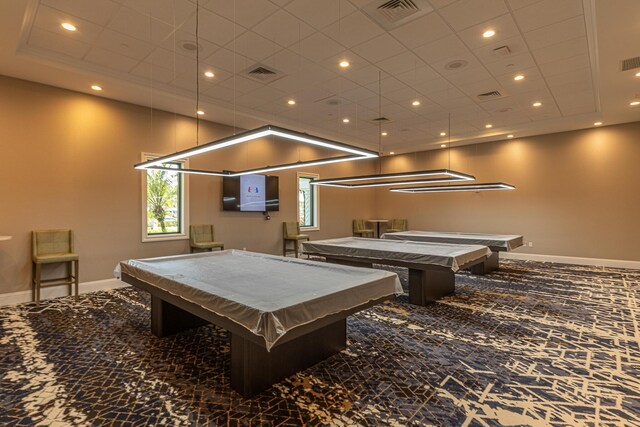 8278 Duomo Cir, Boynton Beach, FL 33472 - rec room featuring billiards, baseboards, a drop ceiling, carpet flooring, and recessed lighting