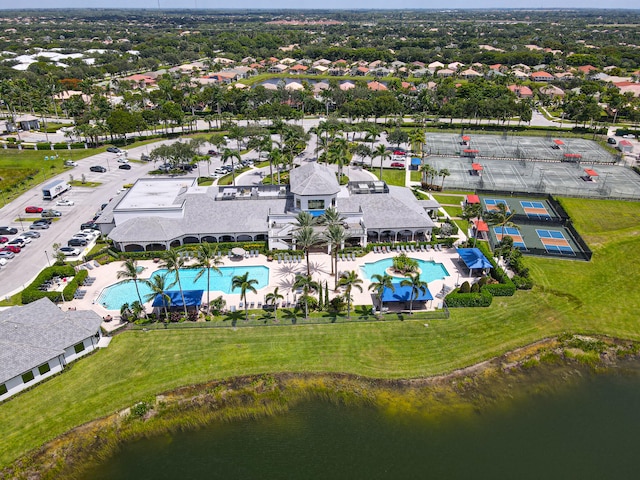 birds eye view of property featuring a water view