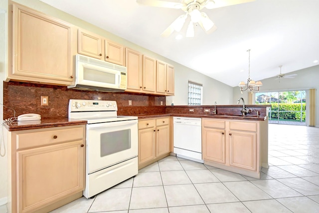 kitchen featuring lofted ceiling, sink, tasteful backsplash, kitchen peninsula, and white appliances