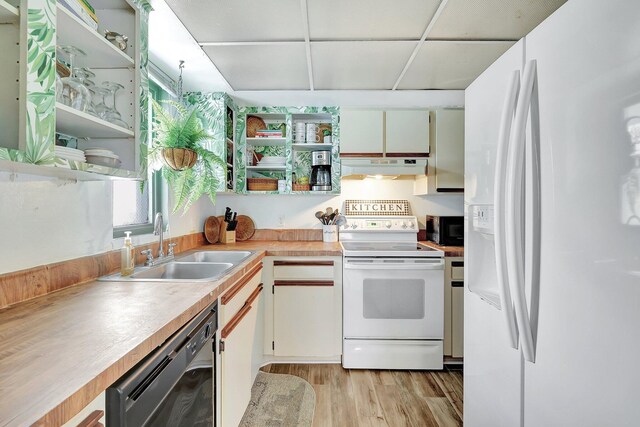 kitchen with white cabinetry, black appliances, sink, and light wood-type flooring