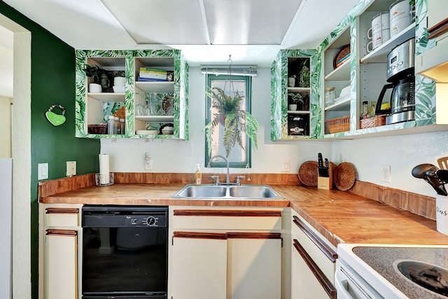 kitchen featuring butcher block counters, white cabinets, electric range, sink, and black dishwasher