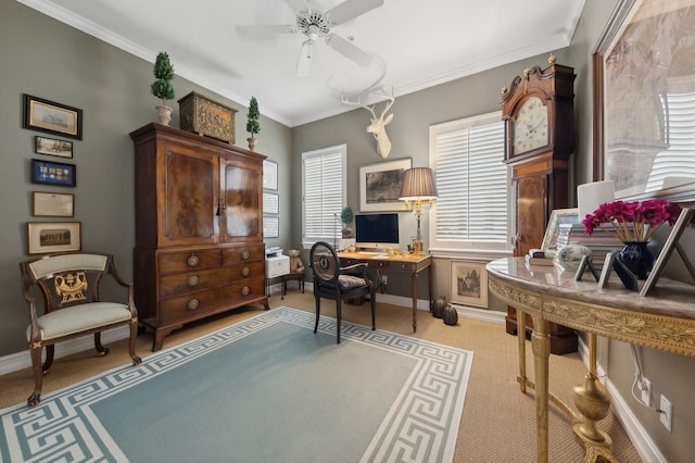 office featuring light colored carpet, ceiling fan, and crown molding