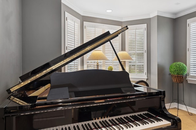 living area featuring ornamental molding and plenty of natural light