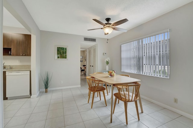 tiled dining room with sink and ceiling fan