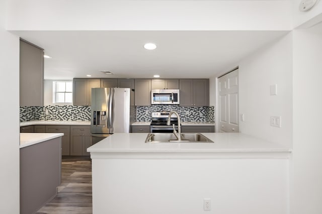 kitchen featuring a peninsula, appliances with stainless steel finishes, gray cabinets, and a sink