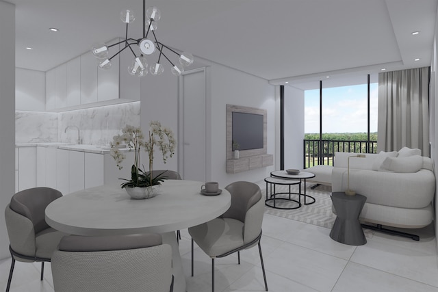 tiled dining room with a chandelier and expansive windows