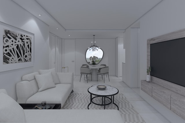 living room featuring a chandelier and light tile patterned floors