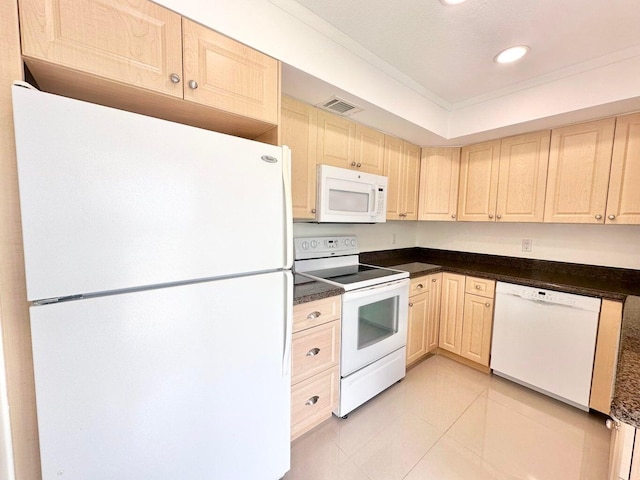 kitchen featuring light tile patterned floors, ornamental molding, light brown cabinets, and white appliances