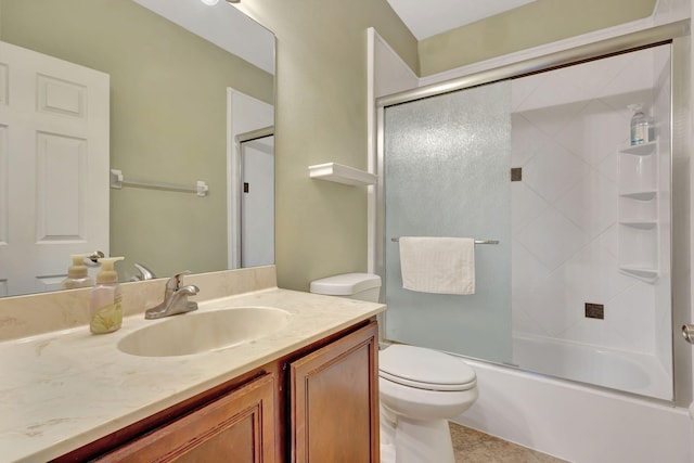 full bathroom with toilet, enclosed tub / shower combo, tile patterned floors, and vanity