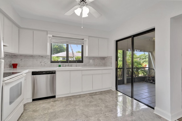 kitchen with white range with electric stovetop, tasteful backsplash, sink, white cabinets, and stainless steel dishwasher