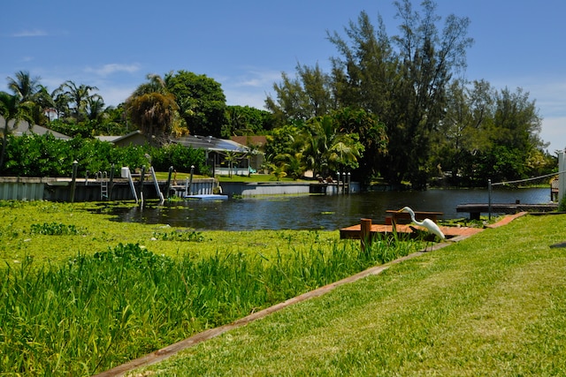 water view featuring a dock