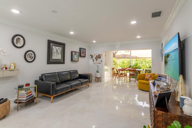 living room with light tile patterned floors and ornamental molding