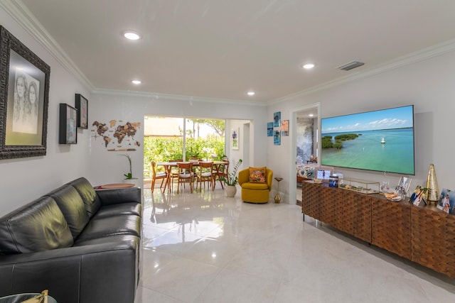 tiled living room with ornamental molding