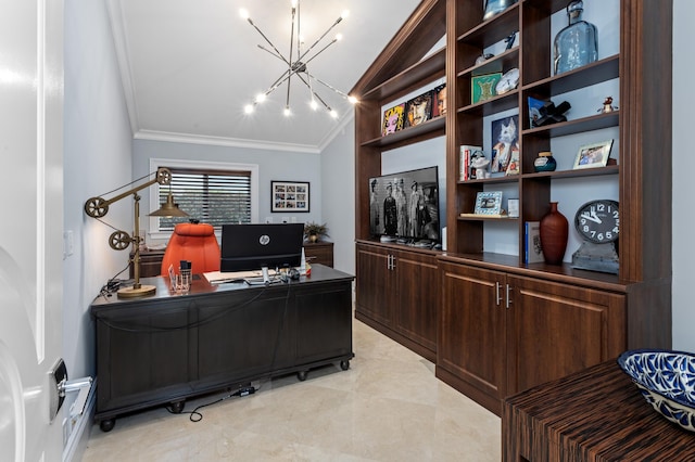 tiled office featuring a notable chandelier, ornamental molding, and lofted ceiling