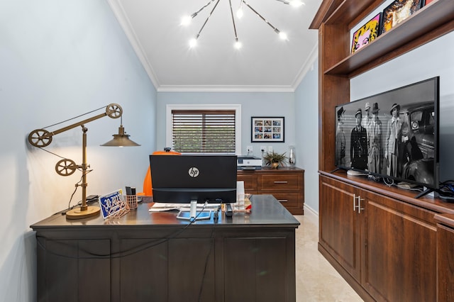 office featuring ornamental molding, light tile patterned floors, and track lighting