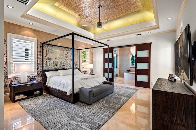 tiled bedroom featuring ceiling fan, crown molding, and a raised ceiling