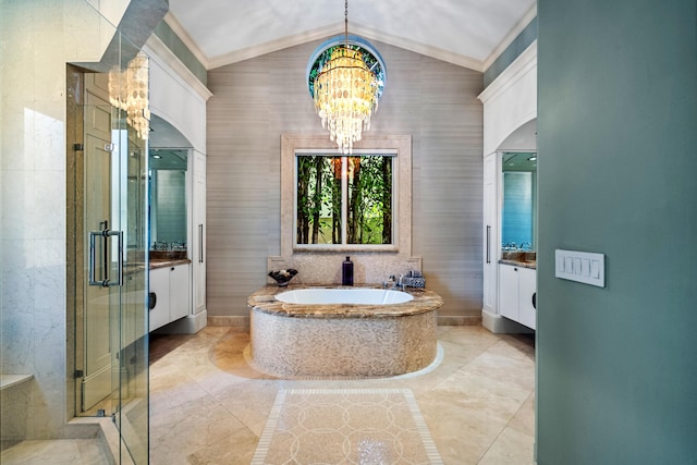 bathroom featuring shower with separate bathtub, lofted ceiling, tile patterned flooring, tile walls, and vanity