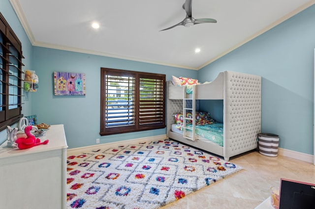 tiled bedroom featuring crown molding and ceiling fan