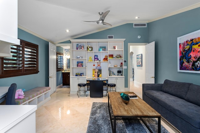 living room with ceiling fan, light tile patterned flooring, ornamental molding, and vaulted ceiling