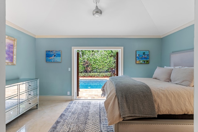 tiled bedroom with access to outside and crown molding