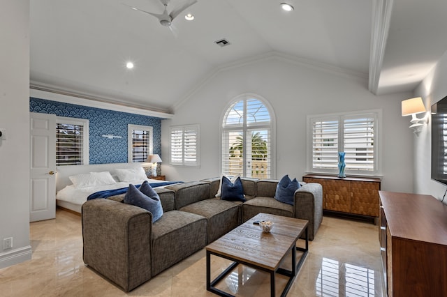 tiled living room with lofted ceiling and ornamental molding