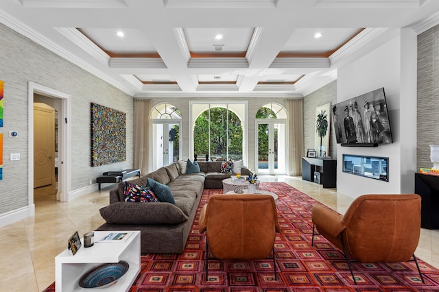 living room with coffered ceiling, crown molding, and tile patterned floors