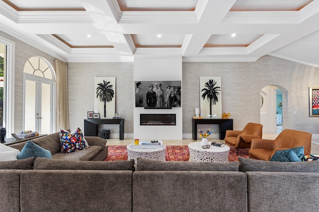 living room featuring beam ceiling, coffered ceiling, and crown molding