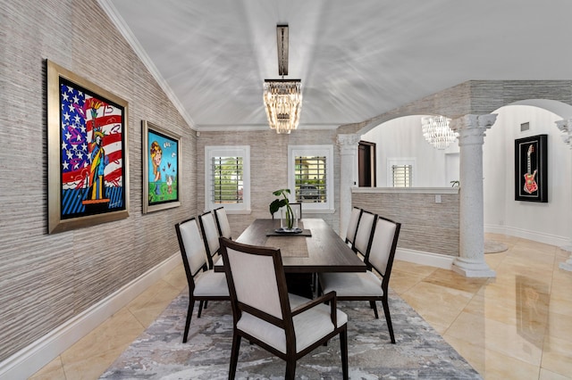 dining room with decorative columns, light tile patterned floors, vaulted ceiling, and an inviting chandelier