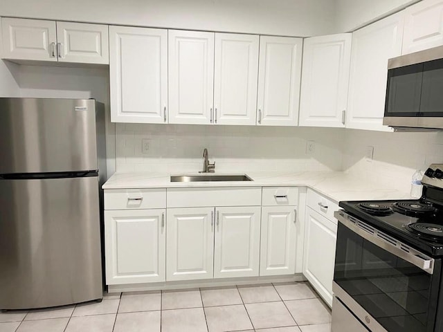 kitchen featuring sink, decorative backsplash, stainless steel appliances, and white cabinets