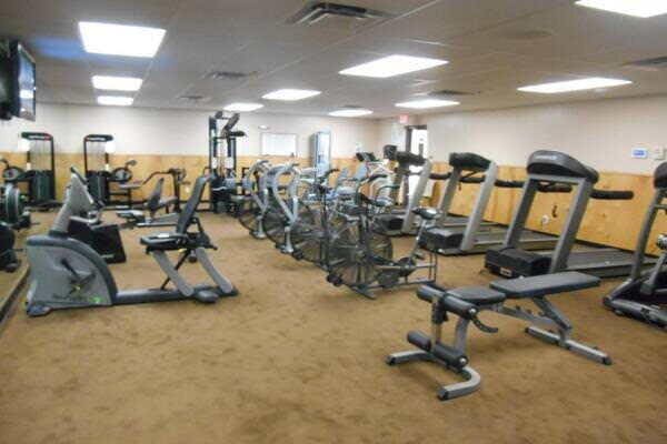 exercise room with carpet and a paneled ceiling