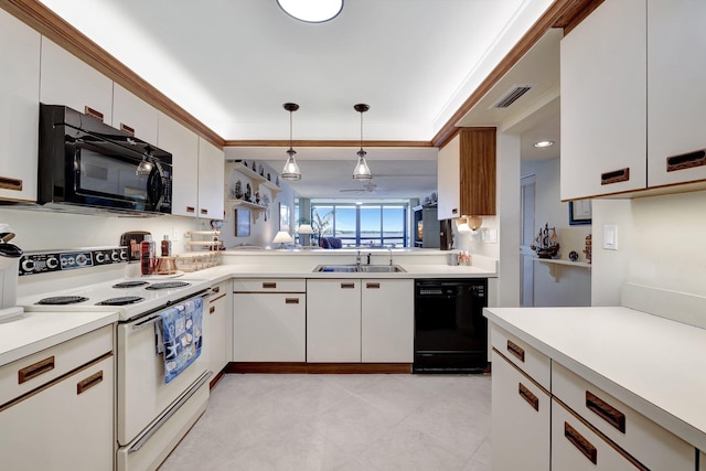 kitchen featuring black appliances, hanging light fixtures, white cabinets, sink, and light tile patterned floors