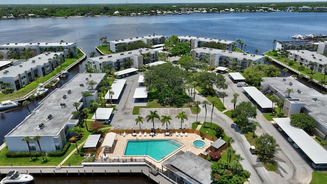 drone / aerial view with a water view