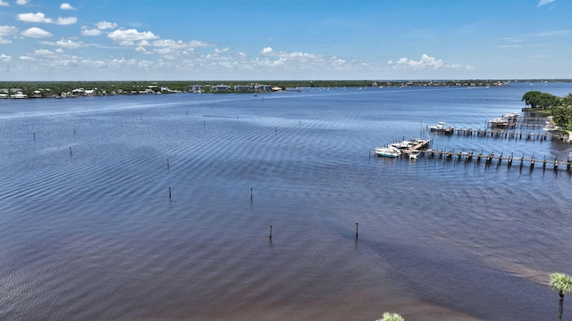 view of water feature with a boat dock