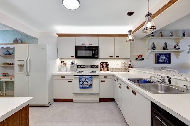 kitchen with white appliances, sink, decorative light fixtures, light tile patterned floors, and white cabinetry