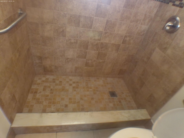 bathroom with tiled shower and toilet