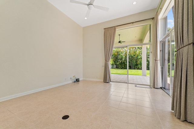 unfurnished room with ceiling fan, plenty of natural light, and light tile patterned flooring