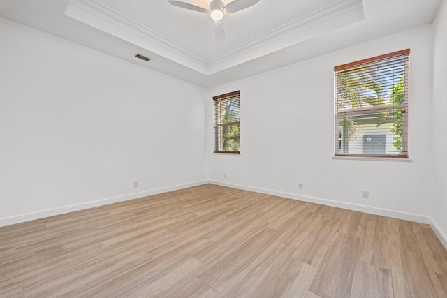 empty room with a raised ceiling, a wealth of natural light, and light hardwood / wood-style flooring